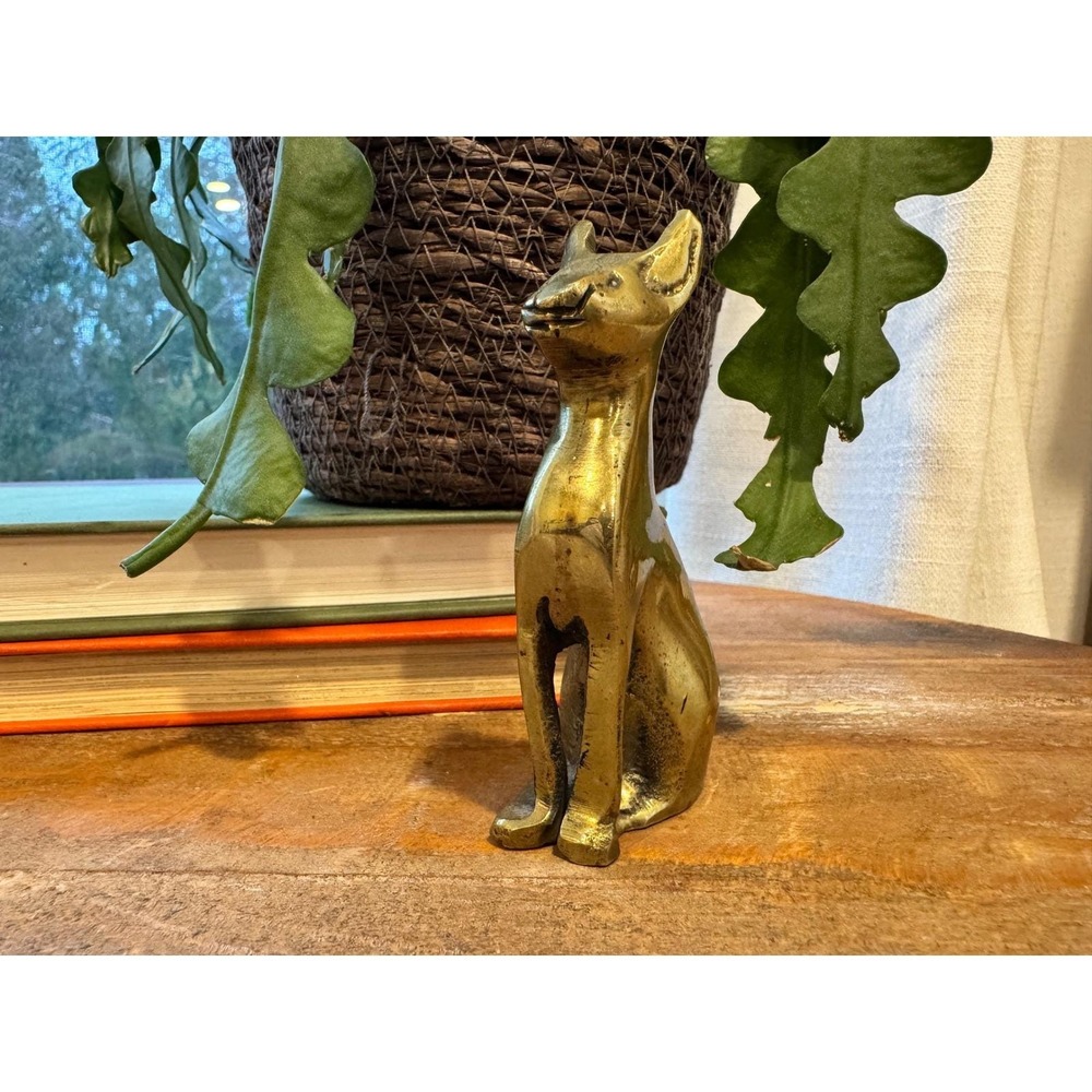 Vintage Brass Cat Figurine Mid Century Modern Egyptian Bastet Style Statue 4"